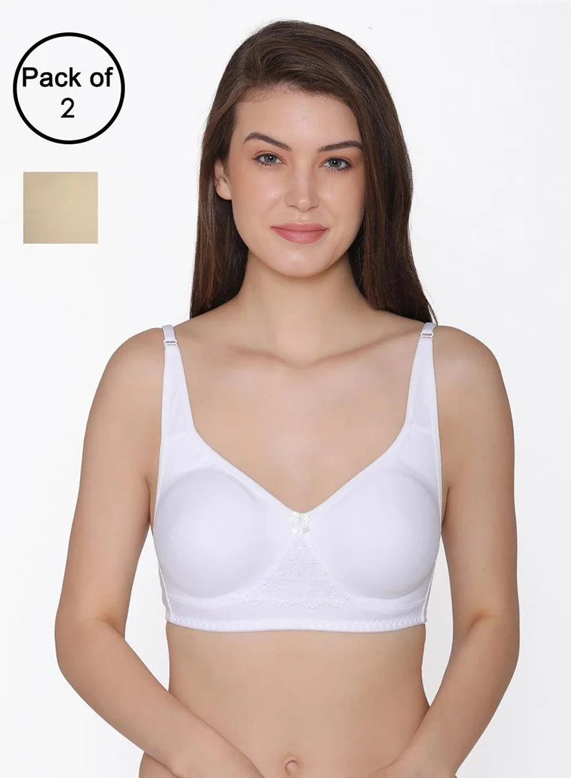 Clovia Non-Padded Non-Wired Full Coverage T-shirt Bra in White & Cream - Cotton